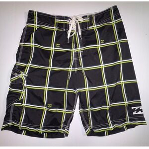 Billabong Plaid Board Shorts Men Size 34 Black Green White Swim Trunks
